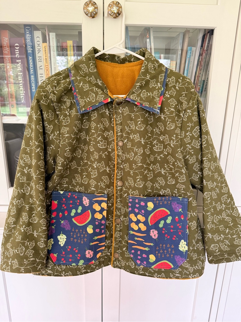 Quirky Olive Green Patch Pocket Jacket with Fruit Print Pockets